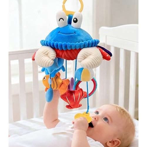 Car Seat Toys for Babies 0-6 Months, Hanging Sensory Crab Plush Toy for Stroller, Crib & Play Gym, Clip-On Montessori Infant Activity Toy with Mirror, Rattle & Teether, Newborn Baby Gifts 0-12 Months