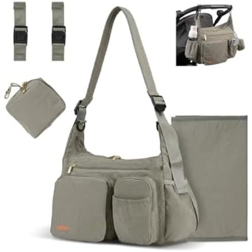 Puffy Crossbody Diaper Bag, 2-in-1 Stroller Caddy & Mom Purse, 13L Lightweight Travel Duffle Bag for Baby, Work Commute, Gym, Labor Delivery (Eucalyptus Gray)