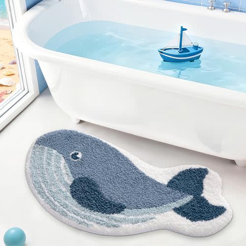LUMI Cute Animal Bathroom Rugs, Plush Absorbent Bath Mats for Bathroom, Non-Slip Backing Washable Bath Mat, Ideal for Shower Sink Bathtub Room Decor, 20"x35", Deep Whale