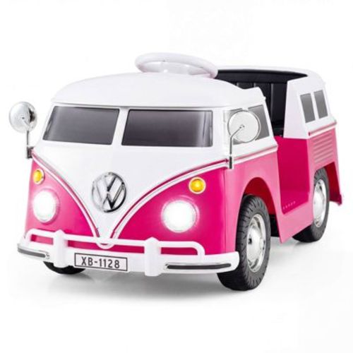 Costway 12V Licensed Volkswagen Ride-on Bus with Cup Holder, LED Headlights, Music & Horn Pink