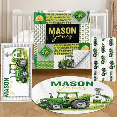 Personalized Baby Crib Bedding Set, 4 Pcs Custom Name Nursery Bedding Set for Girls Boys, Tractor Green Baby Crib Set for Toddlers Infants, Double Layer Bedding Crib Sets Newborn Shower Gifts