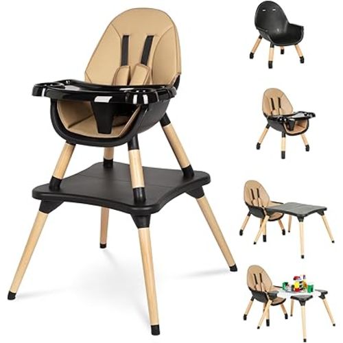 6 in 1 High Chair for Babies & Toddlers, Convertible Wooden Baby Highchair, Table and Chair Set, Baby Feeding Chair, 5-Point Adjustable Harness/4-Position Removable Tray& PU Seat Cushion (Black)