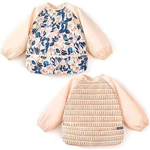 GRSSDER 2 Pack Long Sleeve Baby Feeding Bibs, Super Soft Lightweight Waterproof Coverall Baby Led Weaning Bib with Large Food Catcher Pocket, Adjustable and Easy Clean for 6-30 Months