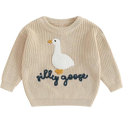 Toddler Baby Boy Girl Knit Sweater Silly Goose Embroidery Long Sleeve Knitted Sweatshirt Warm Fall Winter Clothes