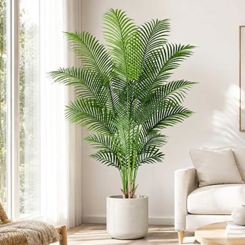 Artificial Palm Tree 6ft Tall Fake Palm Tree Indoor Decor with 18 Leaves and Real Bark Design Faux Tropical Areca Palm Silk Floor Plant in Pot for Home Office Living Room Bedroom Decor 1pcs