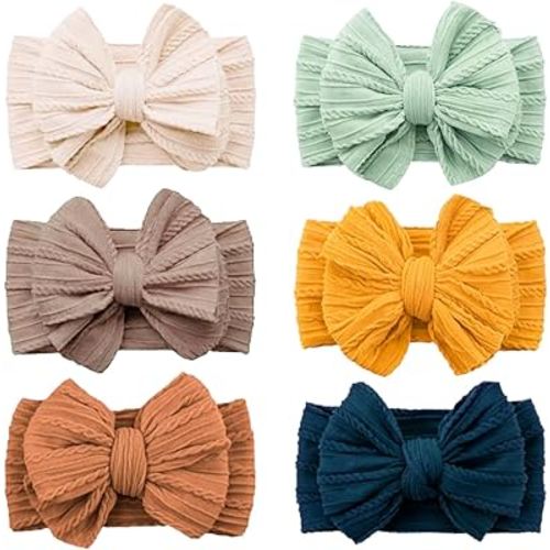 Baby Bows Headbands Soft Nylon Handmade Hair Accessories for Newborn Infant Toddler Kids (6 Mixed Brown, Large)