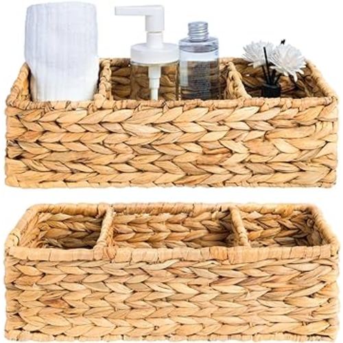 OEHID Wicker Storage Basket Toilet Basket Tank Topper, Toilet Paper Storage Basket for Toilet Tank Water Hyacinth Storage Baskets, Bathroom Basket Wicker Baskets for Storage with 3-Section, 2 Pack