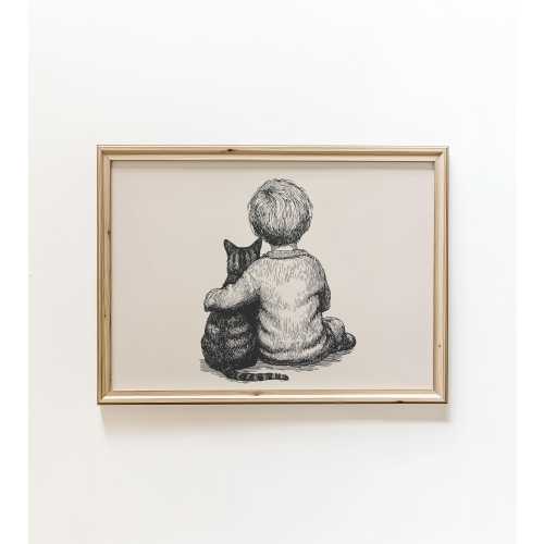 Little Boy with Tabby Cat Drawing, Pet Nursery Wall Art Print, Kitty and Baby Retro Sketch Poster