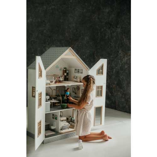 Scandinavian Dollhouse – Wooden Kids Doll House with Furniture