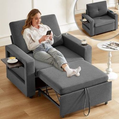 Dyonery 42.5" Convertible Sleeper Chair Bed, 3-in-1 Reclining Sofa Chair with Pull Out Couch Bed & Side Pockets, Dark Gray