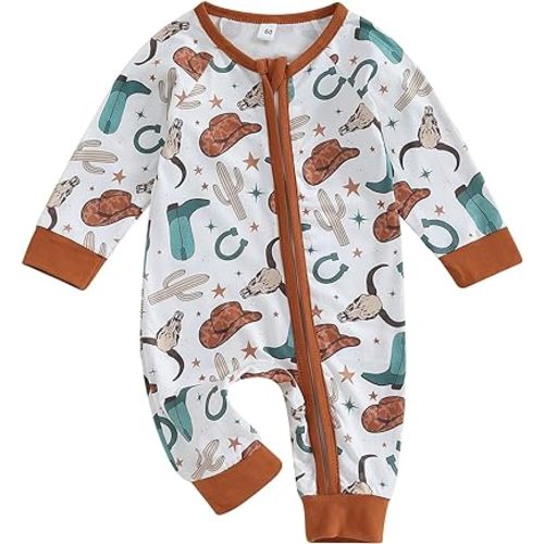 SAYOO Western Baby Cowboy Clothes Neutral Zipped Fall Romper Outfit for Boy Girl Infant Lapel Cow Print One-piece Jumpsuit