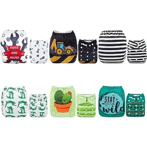 ALVABABY 6 Pack with 12 Inserts Baby Diaper Pocket Cloth Diapers Reusable Washable Adjustable for Baby Boys and Girls 6DM35