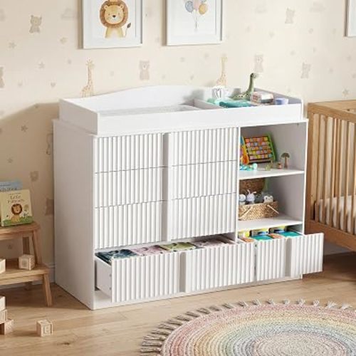 DTK Changing Table Dresser, Baby Dresser with Changing Table Top, Nursery Dresser with 4 Drawers and Shelves, Wood Changing Table with Storage, Diaper Changing Station for Nursery