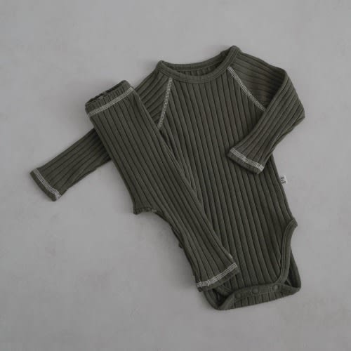 Baby Stitch Detail Ribbed Bodysuit and Pants Set  (3-6 M in Olive)