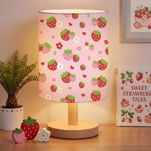 Strawberry Kids Table Lamp for Bedroom Kids Bedside Lamp with Linen Wooden Nightstand Cartoon Nursery Lampshade for Girls Boys Living Room
