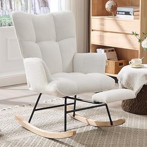 NIOIIKIT Nursery Rocking Chair, Teddy Upholstered Rocker Chair with Footrest, Glider Chair with Side Pocket, Comfy Rocker Recliner with High Backrest, Rocking Accent Chair for Living Room (White)