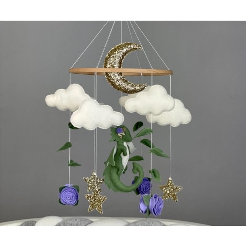 Dragon mobile for baby girl Fantasy nursery Dragon crib mobile Flower mobile rose Felt dragon hanging mobile Green fantasy dragon
