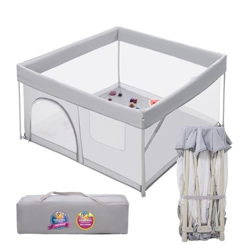 Foldable Baby Playpen 46" × 46", Portable Playard for Babies and Toddlers, Parents' Picks Awards Winner, No Assembly Required, Indoor & Outdoor Kids Safety Play Pen Area, Travel Fence, Grey