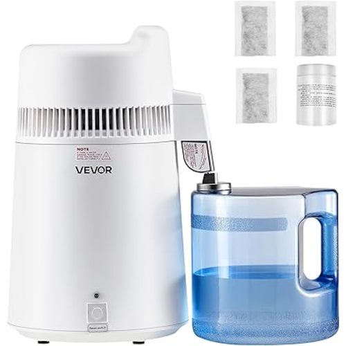 VEVOR Water Distiller, 6L/1.6 Gallon Large Distilled Machine, 900W Distilling Water Maker, 304 Stainless Steel Interior Stiller with Plastic Container, Countertop Distiller for Home, White