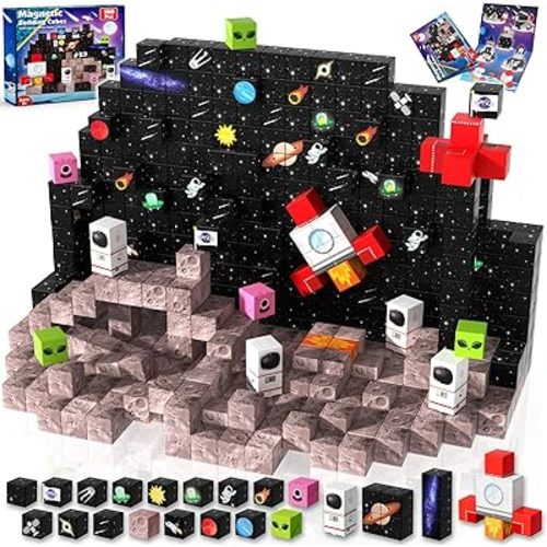 Goody King 100PCS Space Rocket Magnetic Building Blocks |Space Adventure Magnetic Tile Set, STEM Montessori Stacking Toy, Building Playsets for Boys and Girls Ages 3-10,Sensory Tile Christmas