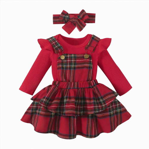 HCNTES Baby Girl Christmas Clothes Plaid Outfits Long Sleeve Romper Overall Skirt Dress Cute Outfit(3-6 Months,S139-Red)