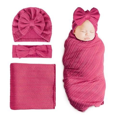 DRESHOW BQUBO Newborn Receiving Blanket Toddler Warm for Girls with Bow Hat and Bow Headband Shower Gift