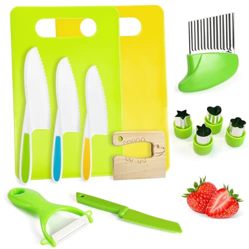 Chanking 13 Pieces Kids Safe Knife Set for Real Cooking Child-Friendly Plastic Chef Tools Montessori Kitchen Toys for Toddlers with Bright Colors Gifts for Boys and Girls