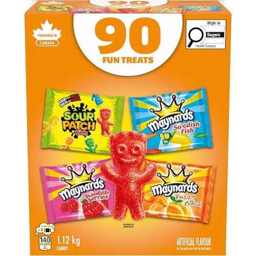 Maynards, Assortiment de bonbons gélifiés, paquet de 90, emballés individuellement, Sour Patch Kids, Fuzzy Peach, Swedish Berries, Swedish Fish, paquet variété, paquet économique, bonbons acides, 1,12