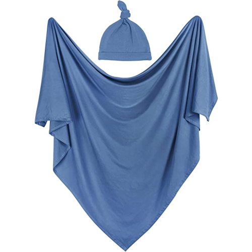 Cotton Knitted Baby Swaddle Blanket with Hat Headband Set Newborn Swaddle Wrap Receiving Blankets for Baby Girl Boy 35" x 35"(Sapphire Blue)
