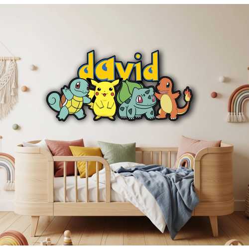 Pokemon Wooden Name Sign, Personalized Wall Decor, Game Inspired Kids Room Art, Pikachu Door Sign, Customized Gift, Nursery Room Decoration