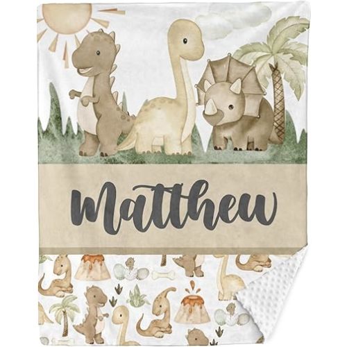 Dinosaur Custom Baby Blanket with Name for Girls Boys, Personalized Baby Gifts, Dotted Backing Soft Cozy Throw Blanket for Bed, Stroller, 35"×45“
