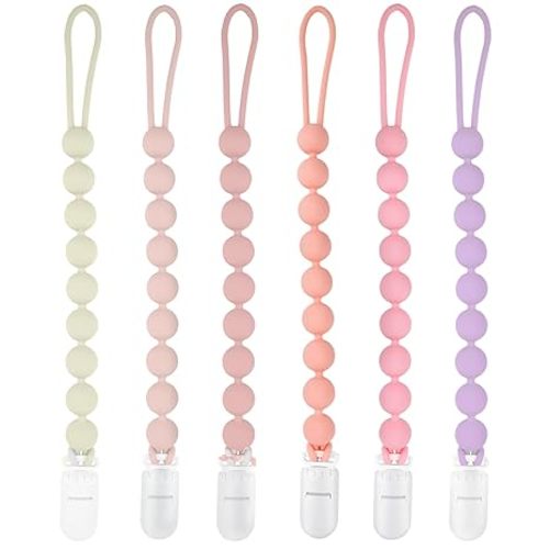 MINMUNJIU Silicone Pacifier Clip Holder, 6 Pack One Piece Soft Flexible Binky Clips Pacifier Holder Clip for Girls, Baby Girl Newborn Essentials