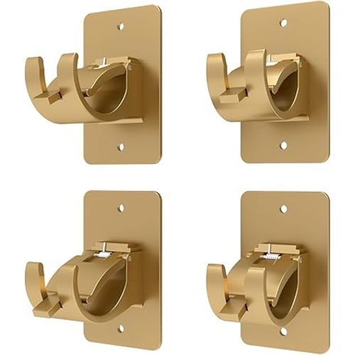 4 Pieces Self Adhesive Curtain Rod Bracket Universal Plastic Curtain Rod Holders, No Drill Curtain Rod Brackets Curtain Rod Hooks for Bathroom, Bedroom, Livingroom, Kitchen (Gold)