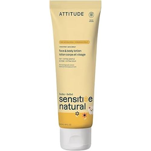 ATTITUDE Baby Lotion for Sensitive Skin with Oat, EWG Verified, Plant and Mineral-Based Ingredients, Vegan Personal Care Products, Unscented, 8 Fl Oz