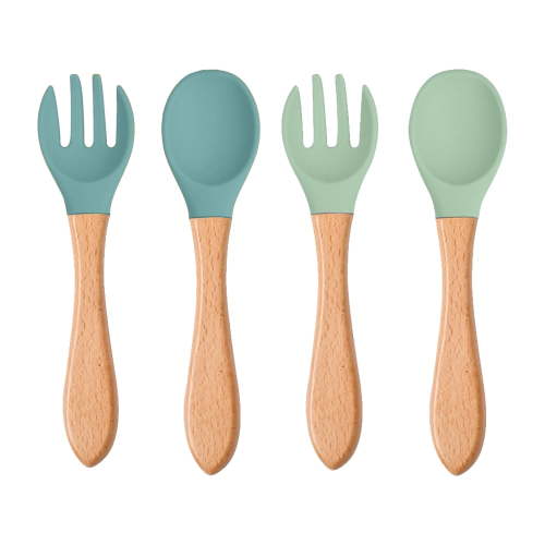 4Pcs Wooden Handle Silicone Spoon Fork Baby Children Fork Spoon Silicone Fork Spoon Long Handle Fork Spoon - type:style2;
