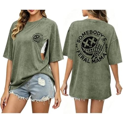Nursing Shirts for Breastfeeding Zipper Breast Feeding Friendly Shirt Feral Mom Maternity Casual T Shirts Outfits