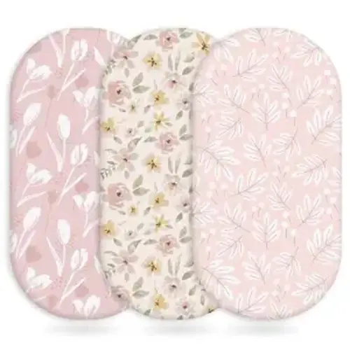 Unnivoll Baby Bassinet Sheets Girl Boy, Fitted Bassinet Sheet Set 3 Pack Bassinet Mattress Sheets Universal Fit for Rectangle, Round, Oval, Hourglass Mattress, Soft Breathable Pink Flowers & Leaf