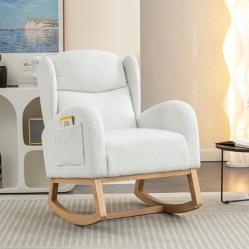 Muumblus Wingback Glider Rocking Chair for Baby Nursery, Wood Legs, Ivory Teddy