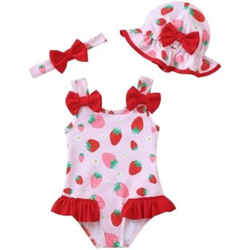 SODLON Baby Girl Swimsuit Infant One-Piece Bathing Suit Cute Summer Beach Tankini Bikini Ruffle Bow Toddler Swimwear with Hat