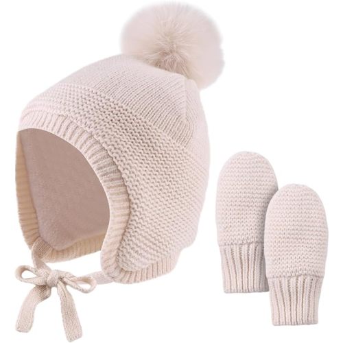 Basic Winter Baby Beanie Gloves Boys Girls Knitted Hat Pompom Kids Earflap Hats Warm Infant Toddler Beanie Mittens Set