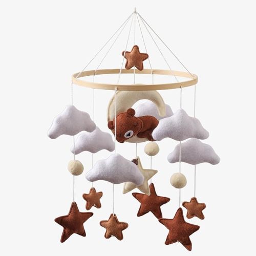 Moyii Baby Crib Mobile for Nursery - Handmade Felt Sleepy Bear on Moon Hanging Mobile - Gender Neutral Ceiling Decor for Boys Girls - Nordic Star Cloud - Newborn Baby Shower Gift