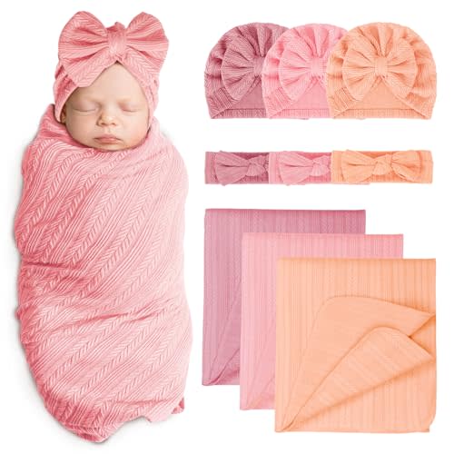 AQOKKA Baby Swaddle Blankets Wheat Ear Bow Hats Hairband Set | 3 Set Receiving Blankets Wrap Nursery Swaddle Cotton Adjustable Swaddles Wrap for Newborns Boy Girl Infant 0-3 Months