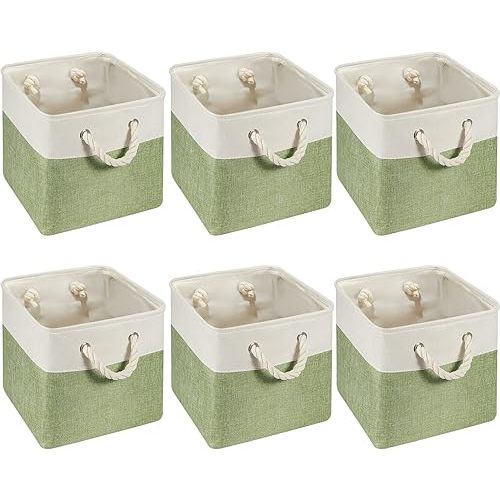 6 Pcs 11 x 11 Inch Cube Storage Bins Fabric Storage Organizer Bins Foldable Cube Baskets with Sturdy Carry Handles Wicker Baskets for Home (Green,White)