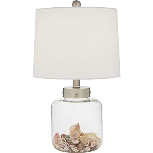 360 Lighting Nautical Coastal Accent Table Lamp Fillable 20.5" High Clear Glass Sea Shells Off White Linen Fabric Drum Shade for Living Room Bedroom Beach House Bedside Nightstand Home