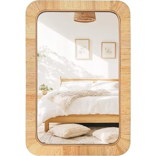 Rattan Rectangular Mirror 24x36, Boho Decorative Wall Mirror for Bathroom, Farmhouse Vanity Mirror for Nursery, Bedroom, Living Room Decor, Nursery & Children's Room
