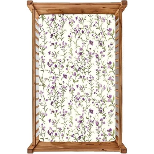 Flower Theme Fitted Crib Sheet,28"x 52" Baby Bedding with Soft Fabric - Breathable Material for Nursery Decor - Durable and Machine Washable,Sage Decorative Pattern &Purple Green