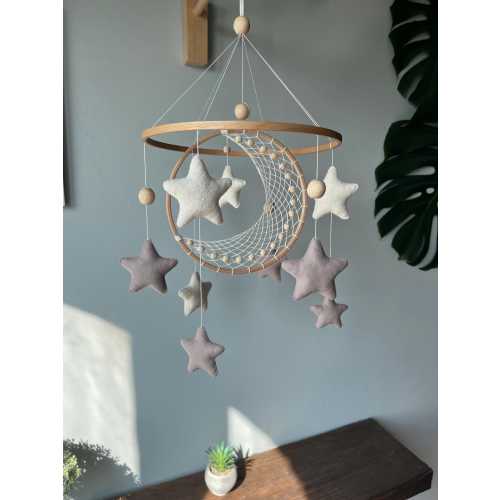 Moon and star crib mobile, Macrame baby mobile, Nuetral baby mobile, Moon baby mobile, Star mobile, Handing Mobile Felt, Mobile nursery,