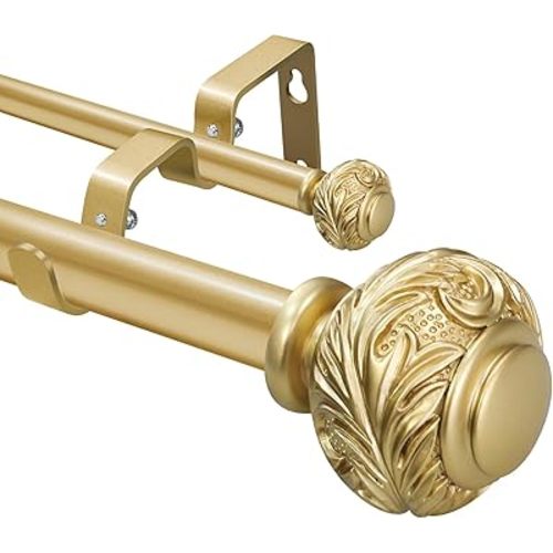 1 Inch Gold Double Curtain Rod with Modern Design Floral Carved Ball Finials-Tension Curtain Rods 28-48 Inchs for Bedroom&Home Decor