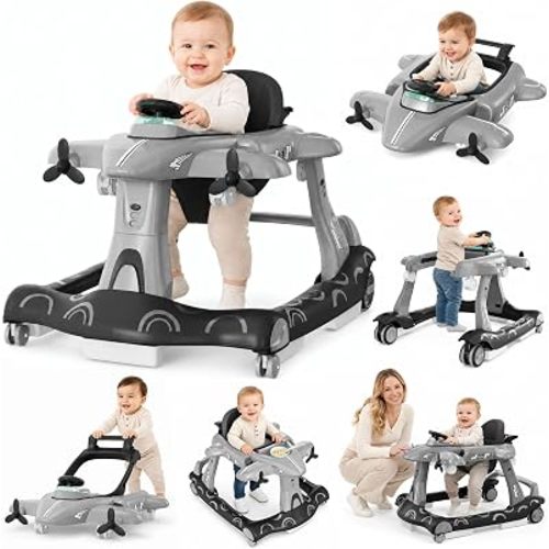 Xilingol 6-in-1 Baby Walker with Wheels, Adjustable Height & Speed Activity Walker with Padded Seat, Foldable Walker for Babies, Toddler Push Walkers for Boy & Girl 6-18 Months, Music & Light