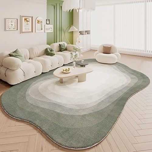 Sage Green Cream White Irregular Shaped Rug Ultra Soft Faux Wool Abstract Shaped Area Rug for Living Room Bedroom Nursery Boho Farmhouse Home Decor Carpet Non Slip Under Dining Table Floor Rug 6x9